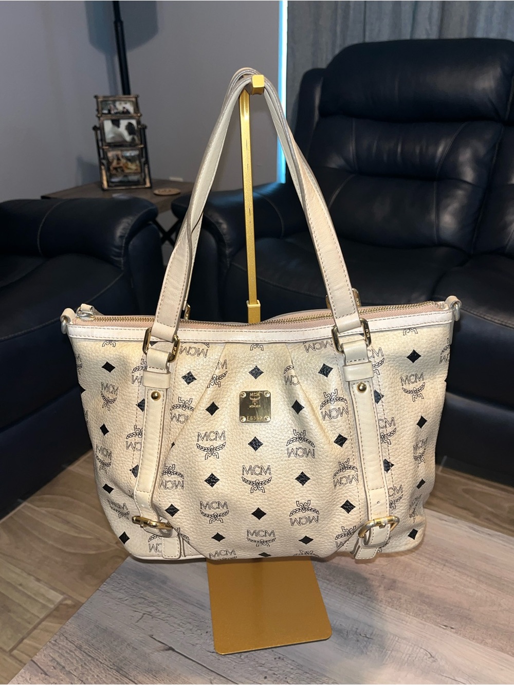 MCM Beige Logo leather Shoulder Tote with Gold Hardware